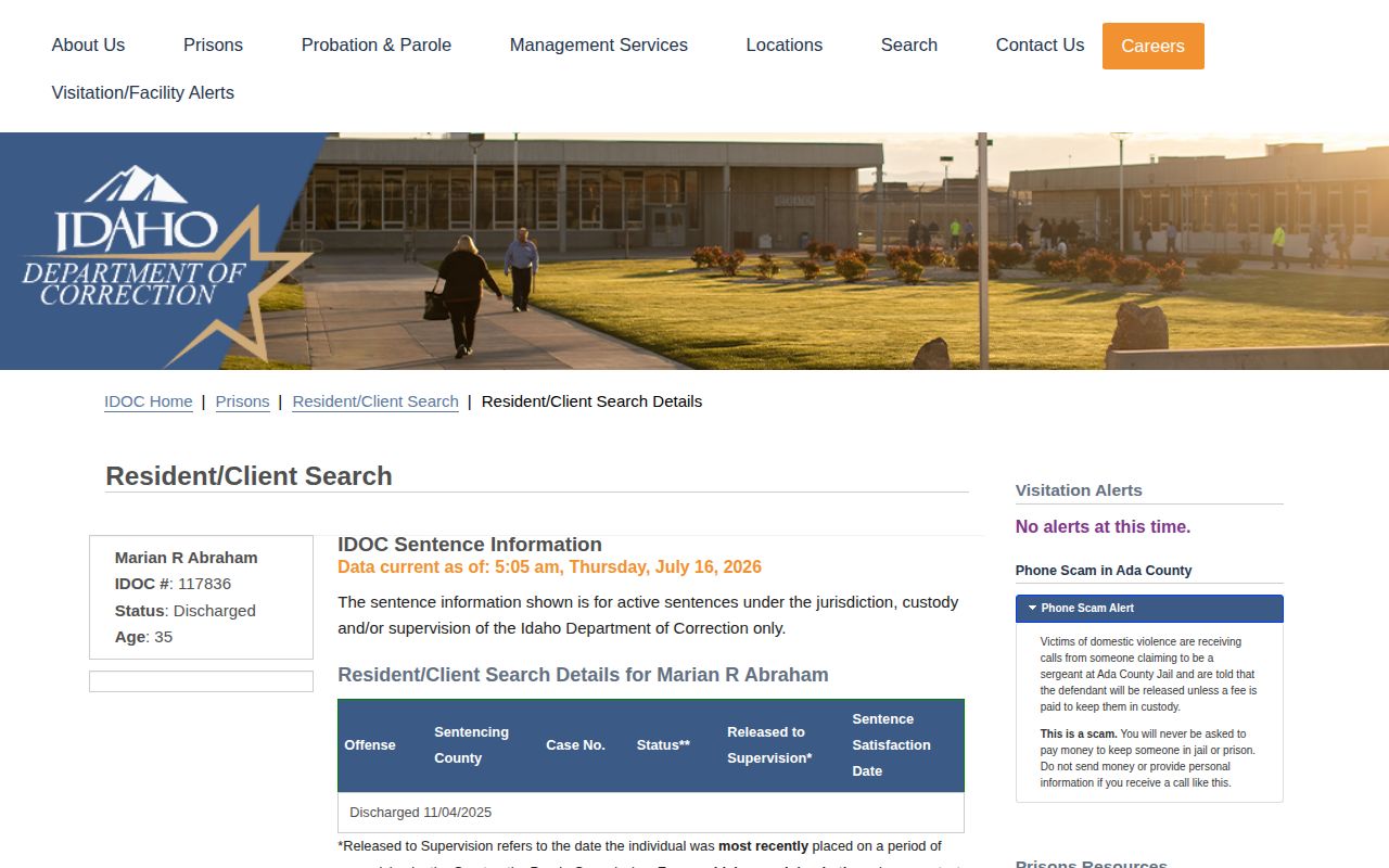 Elmore County Idaho Department of Correction discharged record