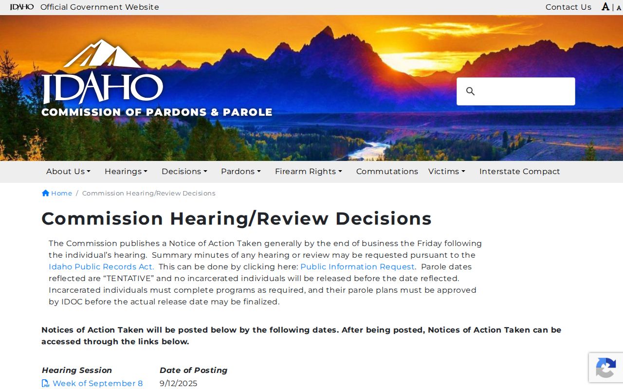 Elmore County parole decision index and tentative release warning