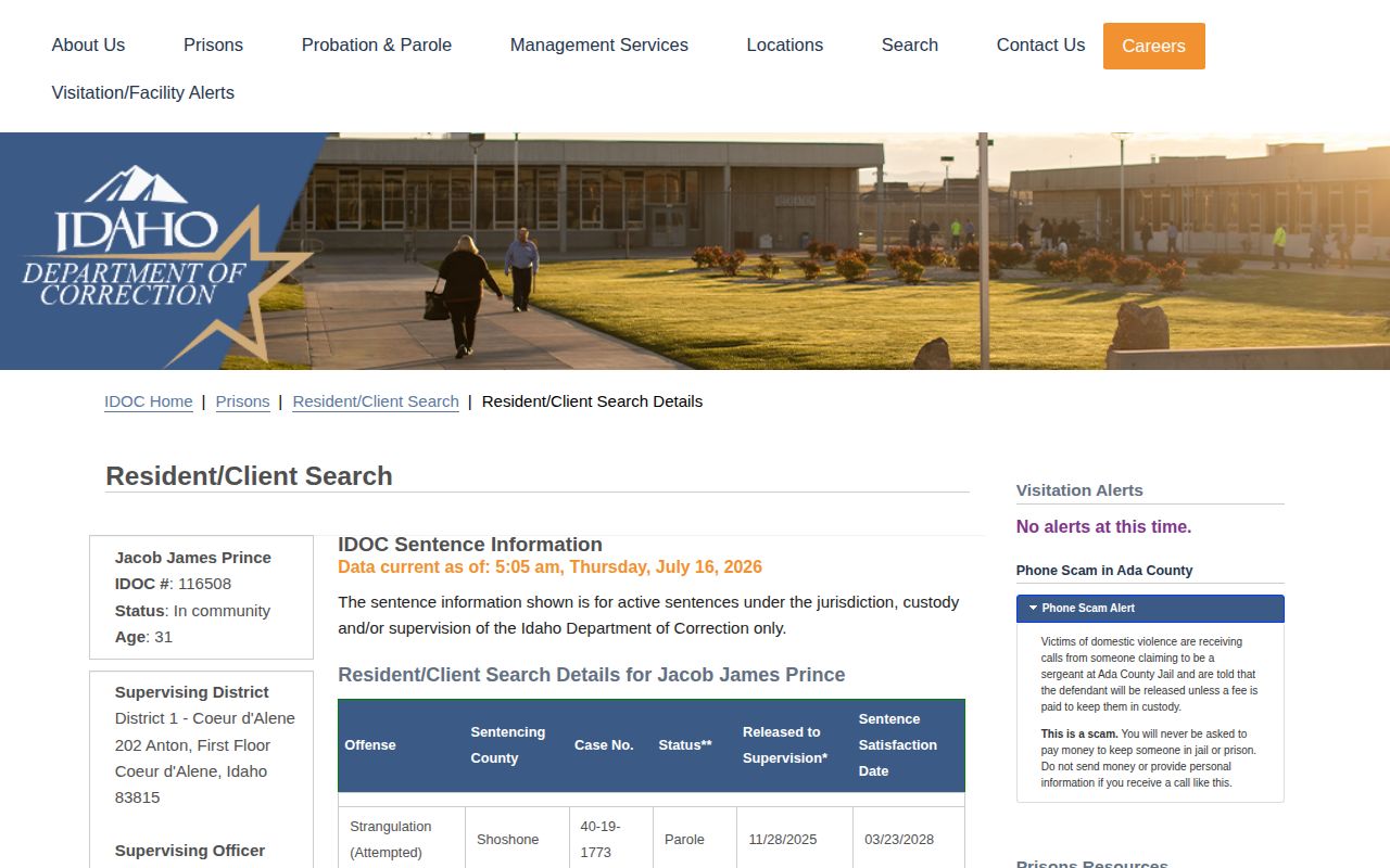 Elmore County IDOC In community and Released to Supervision record