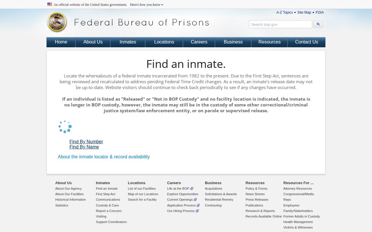 Federal Bureau of Prisons Inmate Locator search form for federal sentenced custody