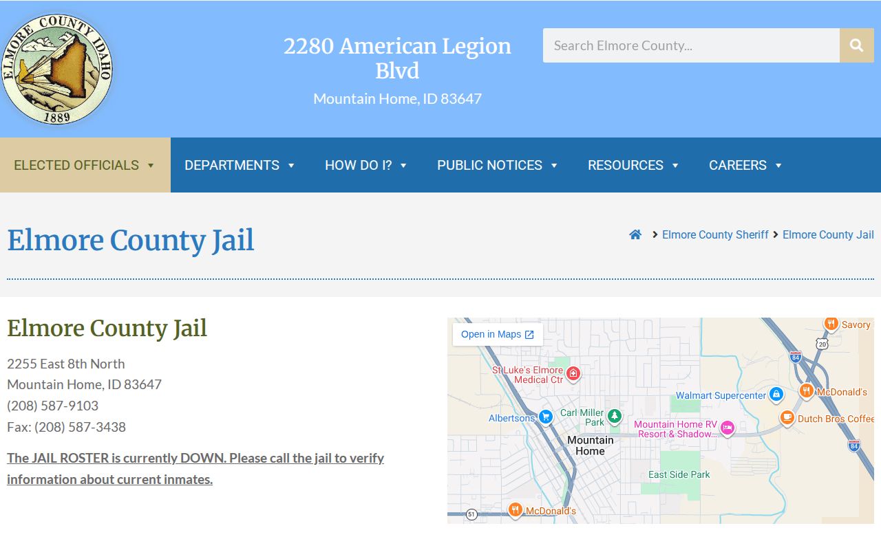 Elmore County Jail website showing its roster-down notice and jail information